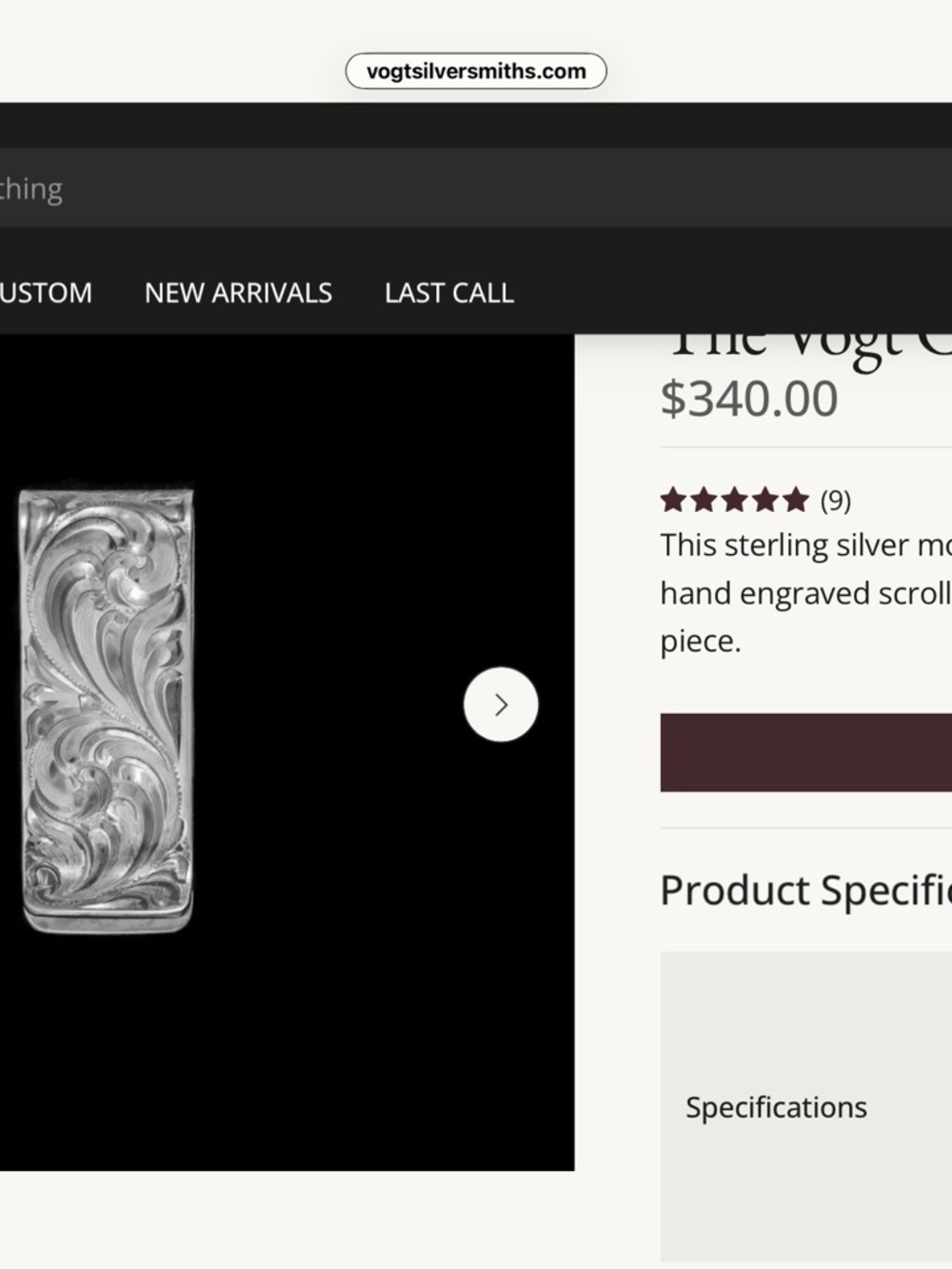 Hand engraved sterling silver money clip by Vogt Silversmiths. New. - Picture 3 of 6